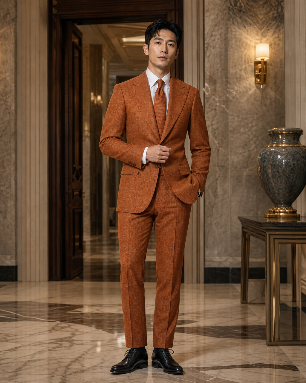 Orange Herringbone Winter Suit - Custom Made to Measure front view