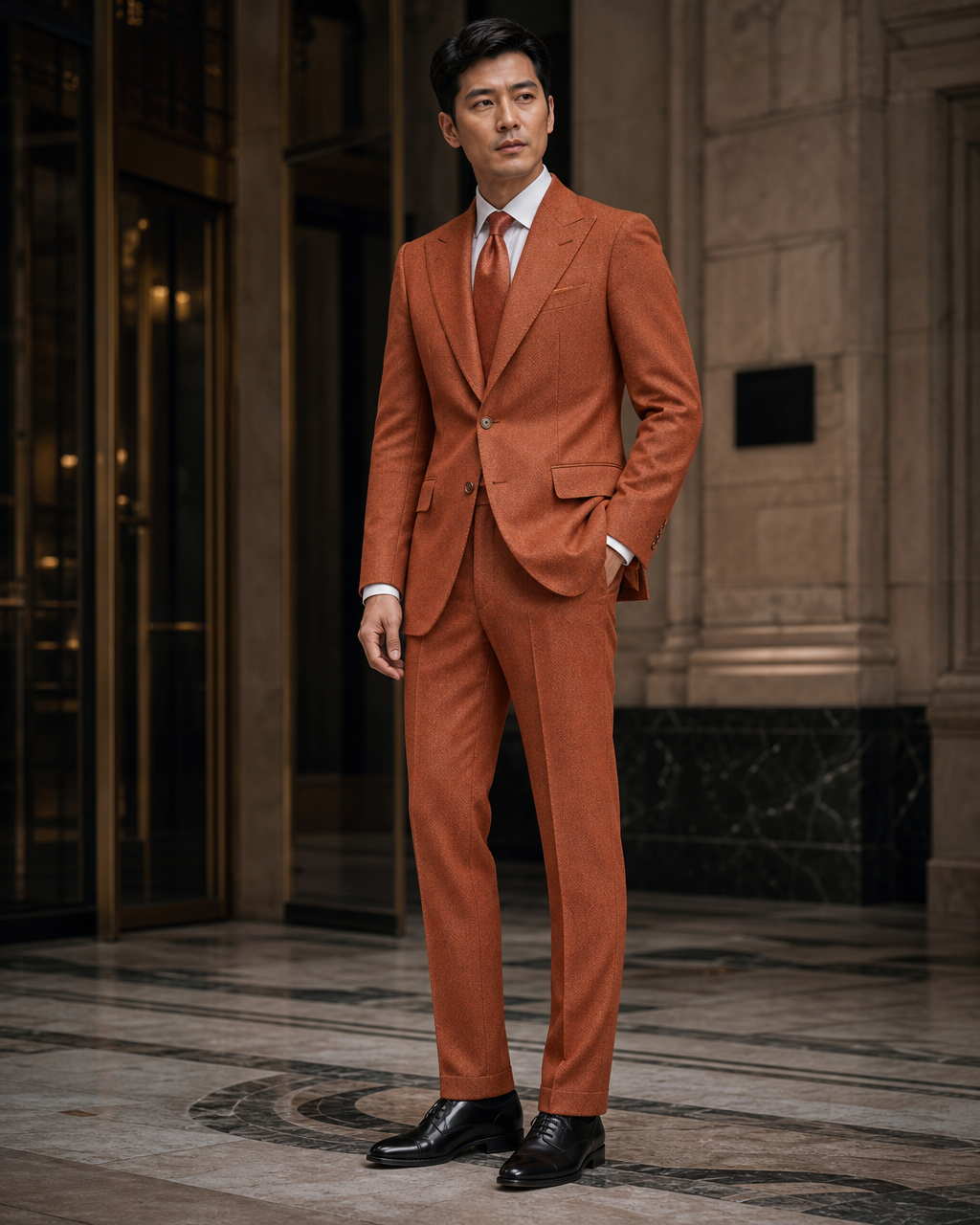 Orange Herringbone Winter Suit - Custom Made to Measure side back view