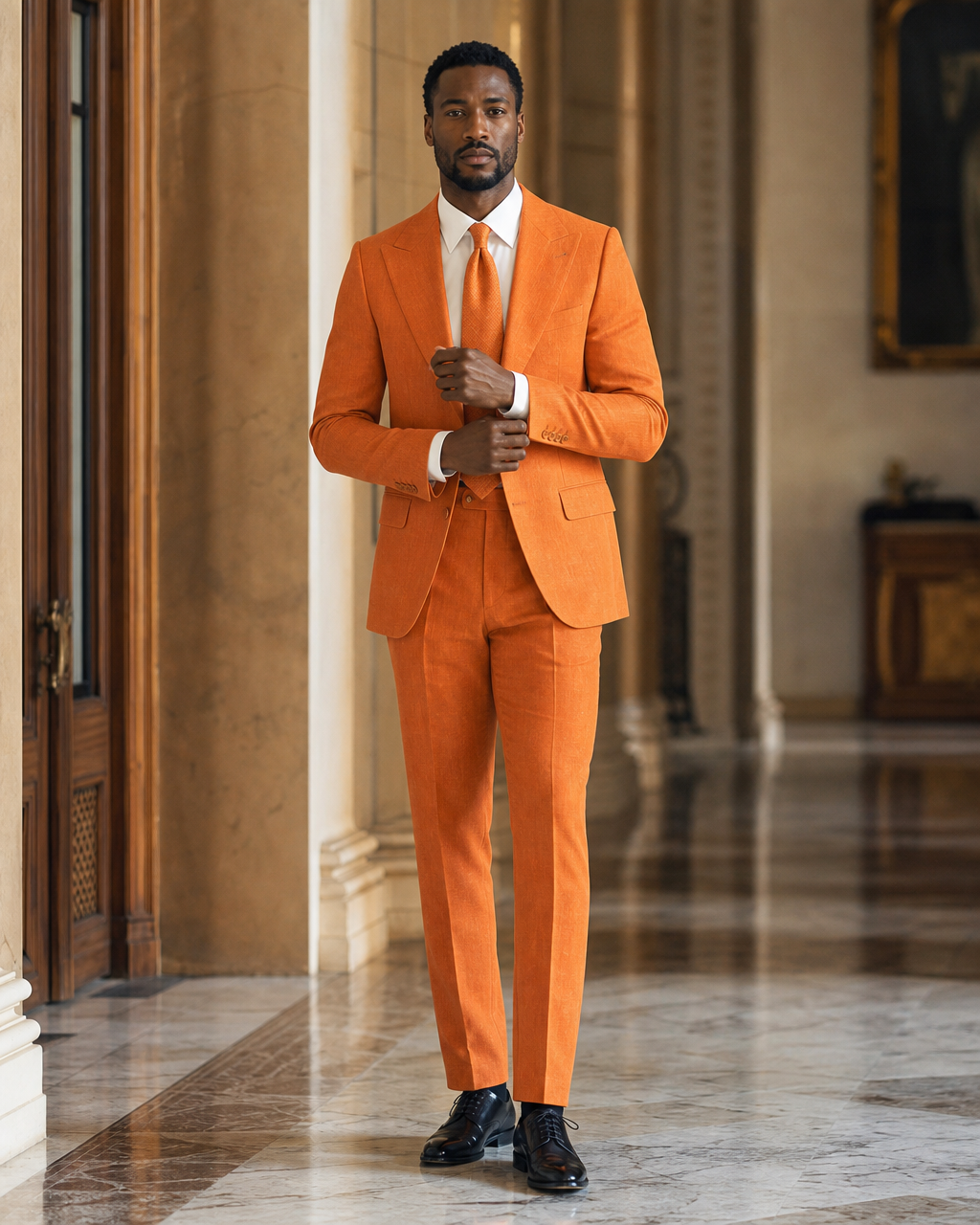 Orange Linen Beach Wedding Suit - Custom Made to Measure front view