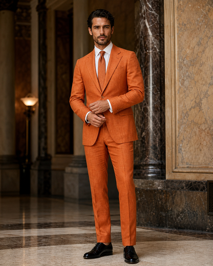 Orange Linen Outdoor Wedding Suit - Custom Made to Measure front view