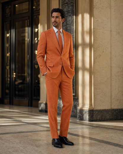 Orange Linen Outdoor Wedding Suit - Custom Made to Measure side back view