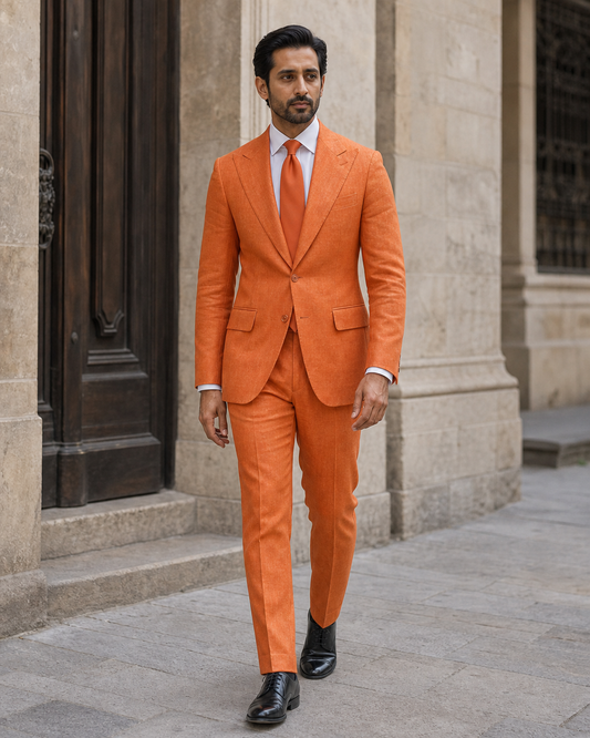 Orange Linen Peak Lapel Suit - Custom Made to Measure front view