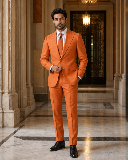 Orange Linen Summer Suit - Custom Made to Measure front view