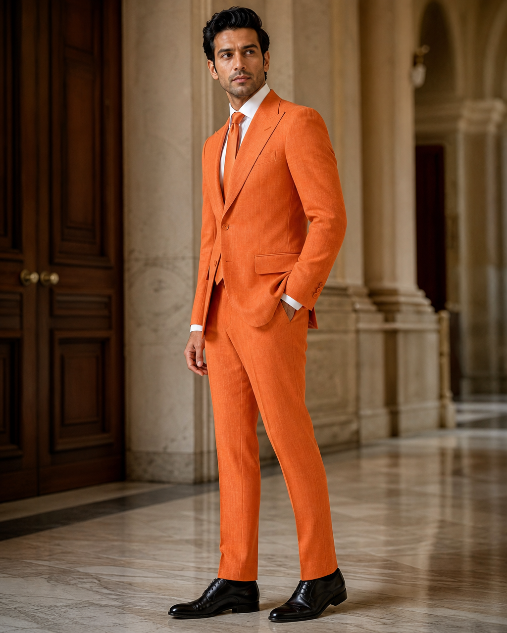 Orange Linen Summer Suit - Custom Made to Measure side back view