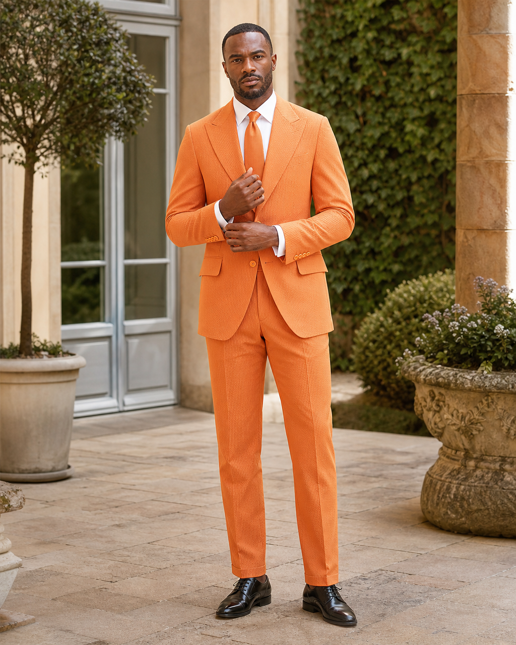 Orange Seersucker Outdoor Wedding Suit — Custom Made to Measure front view