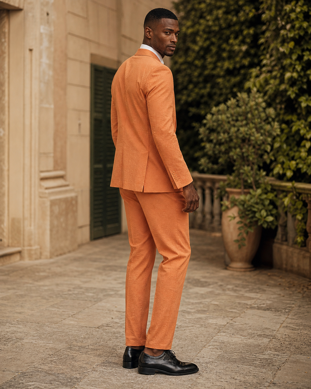 Orange Seersucker Outdoor Wedding Suit — Custom Made to Measure side back view