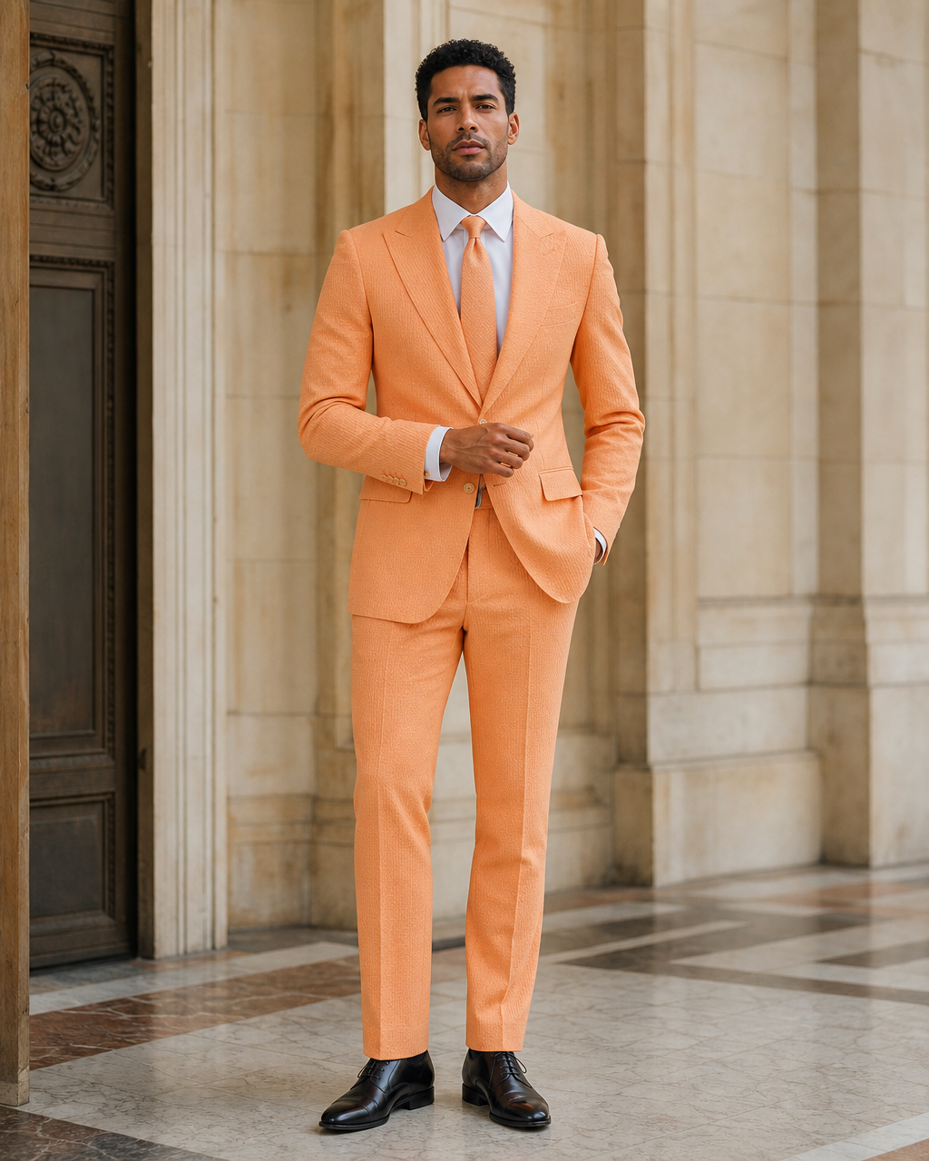 Orange Seersucker Summer Suit - Custom Made to Measure front view