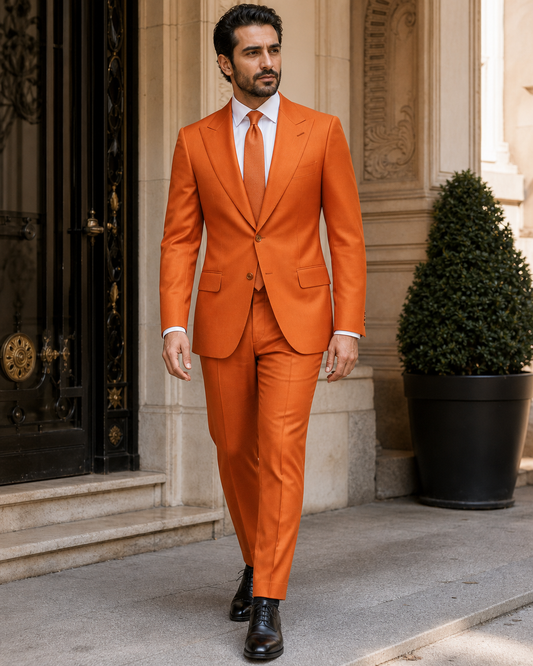 Orange Silk Blend Peak Lapel Suit - Custom Made to Measure front view