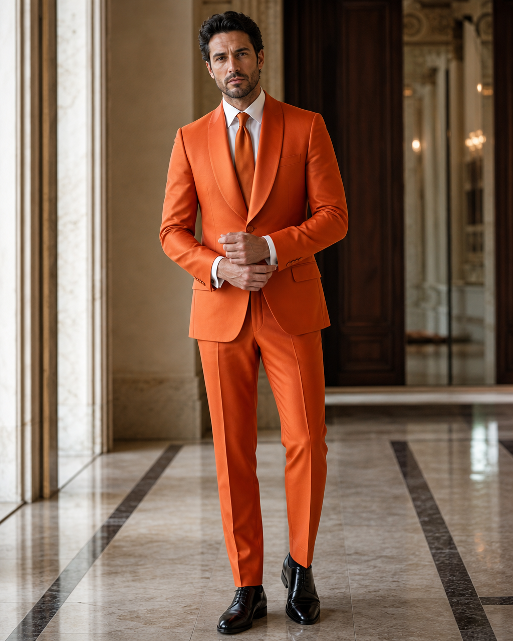 Orange Silk Blend Shawl Lapel Suit - Custom Made to Measure front view