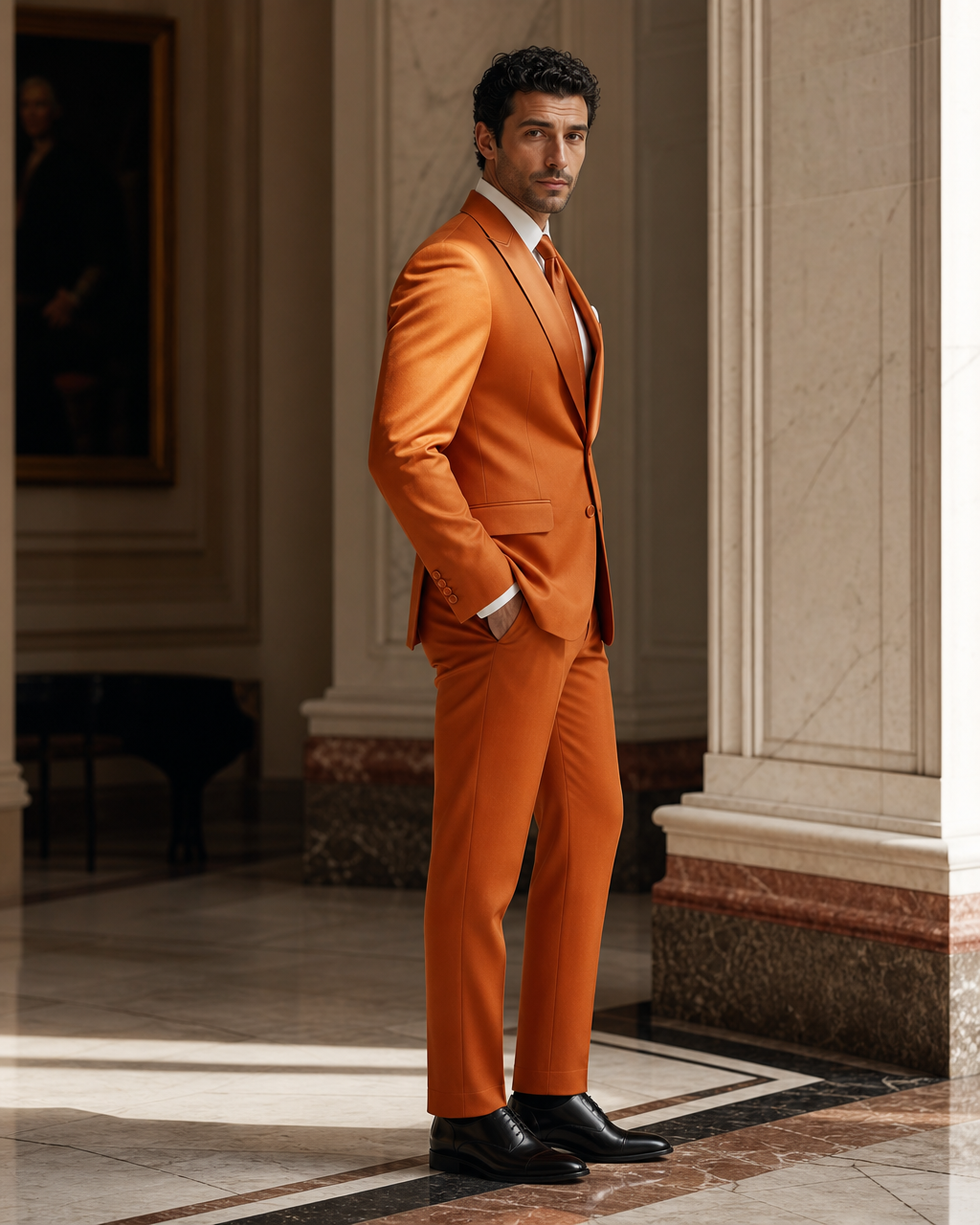 Orange Silk Blend Shawl Lapel Suit - Custom Made to Measure side back view