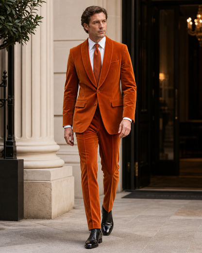 Orange Velvet Shawl Lapel Suit - Custom Made to Measure front view
