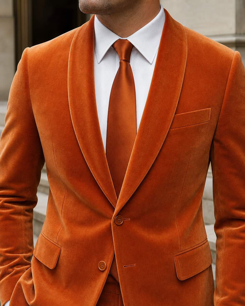 Orange Velvet Shawl Lapel Suit - Custom Made to Measure lapel chest close up
