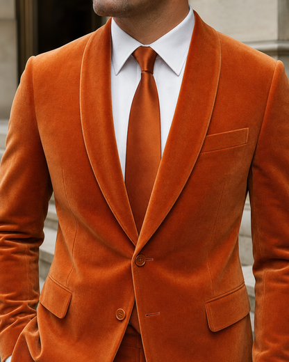 Orange Velvet Shawl Lapel Suit - Custom Made to Measure lapel chest close up