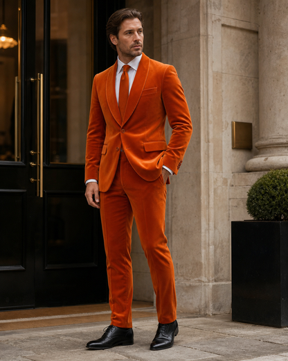 Orange Velvet Shawl Lapel Suit - Custom Made to Measure side three quarter view