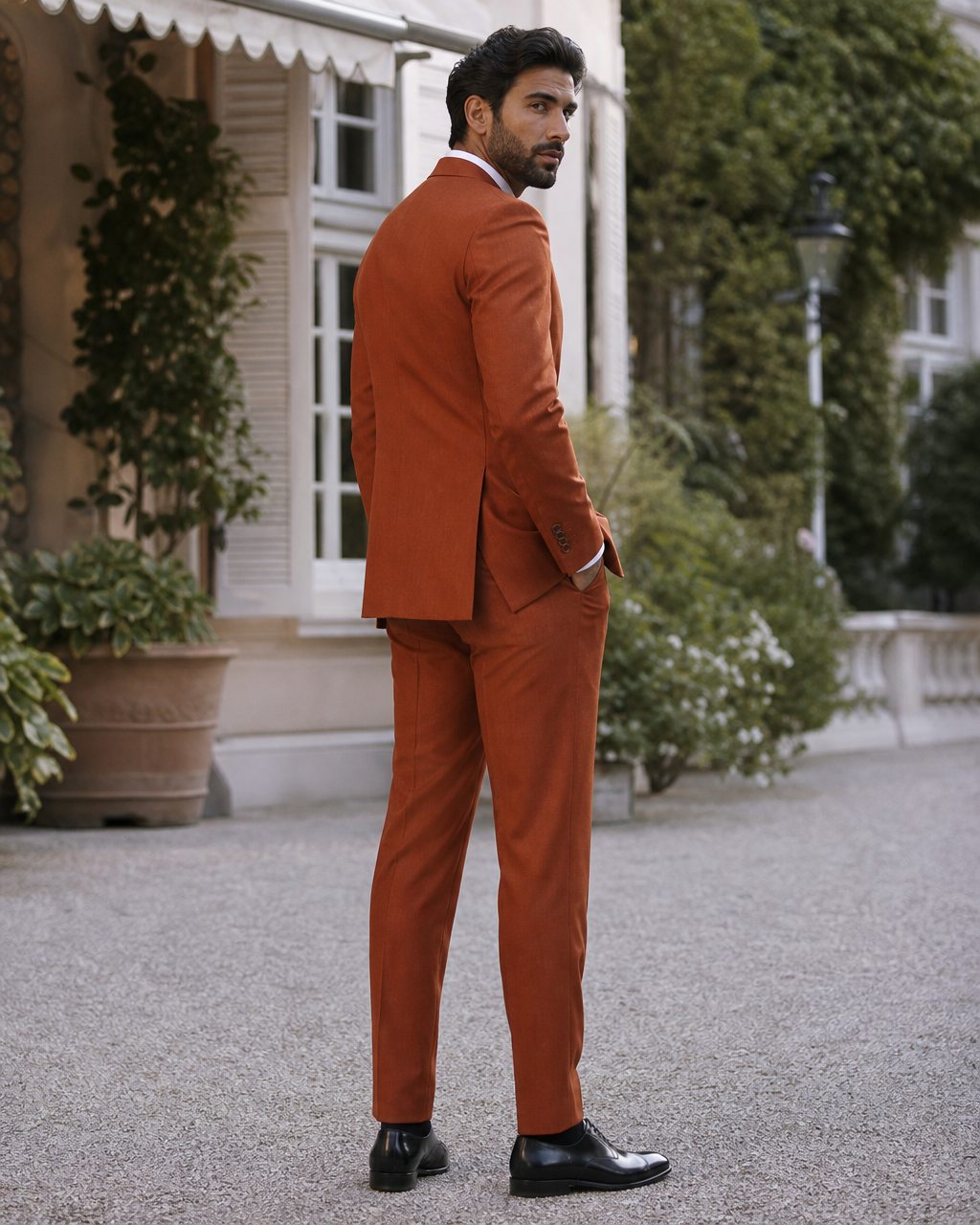 Orange Wool Outdoor Wedding Suit — Custom Made to Measure side back view
