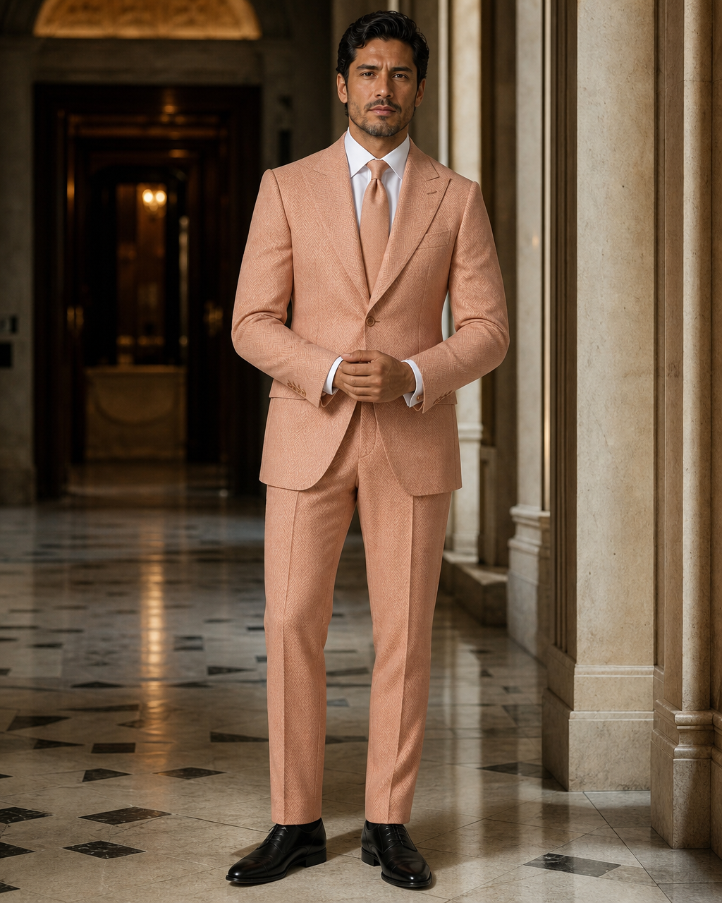 Peach Herringbone Winter Suit - Custom Made to Measure front view