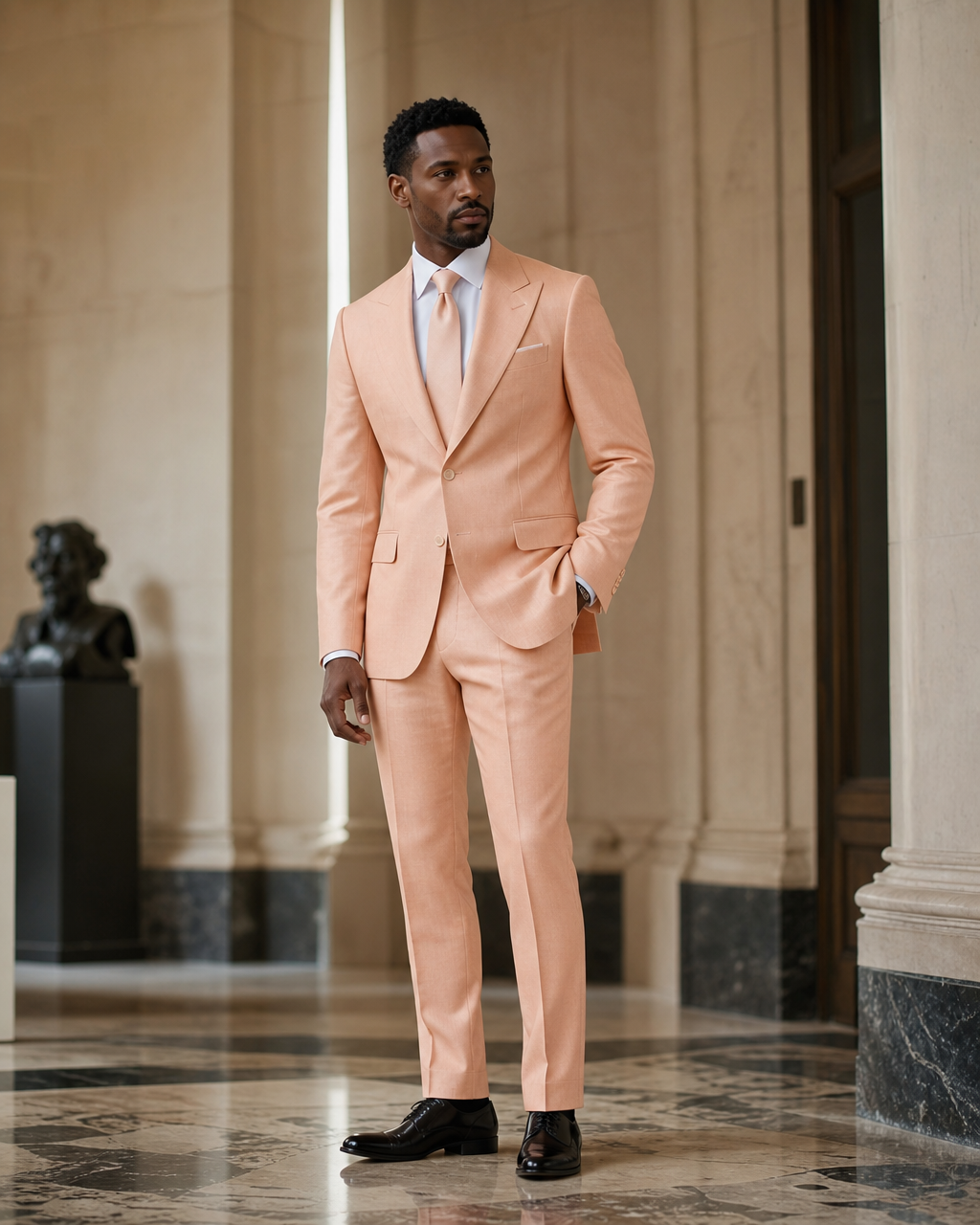 Peach Linen Outdoor Wedding Suit - Custom Made to Measure side back view