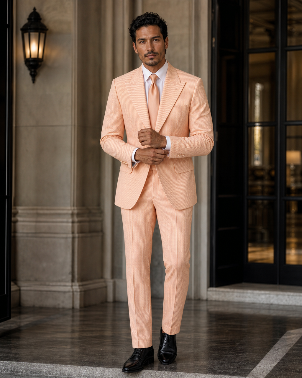 Peach Seersucker Beach Wedding Suit - Custom Made to Measure front view