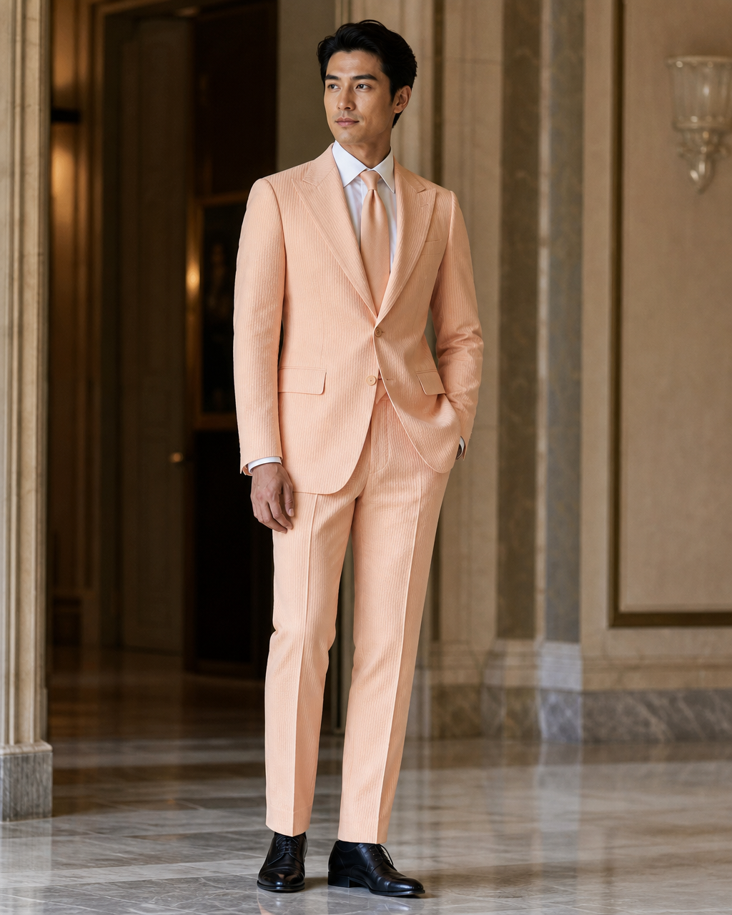 Peach Seersucker Summer Suit - Custom Made to Measure side back view