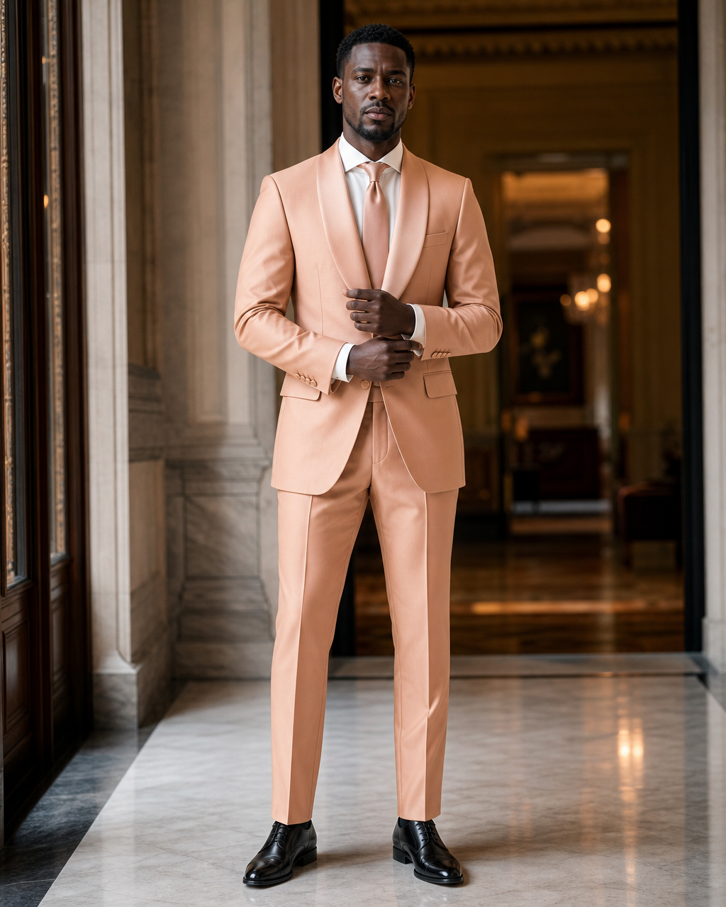 Peach Silk Blend Shawl Lapel Suit - Custom Made to Measure front view