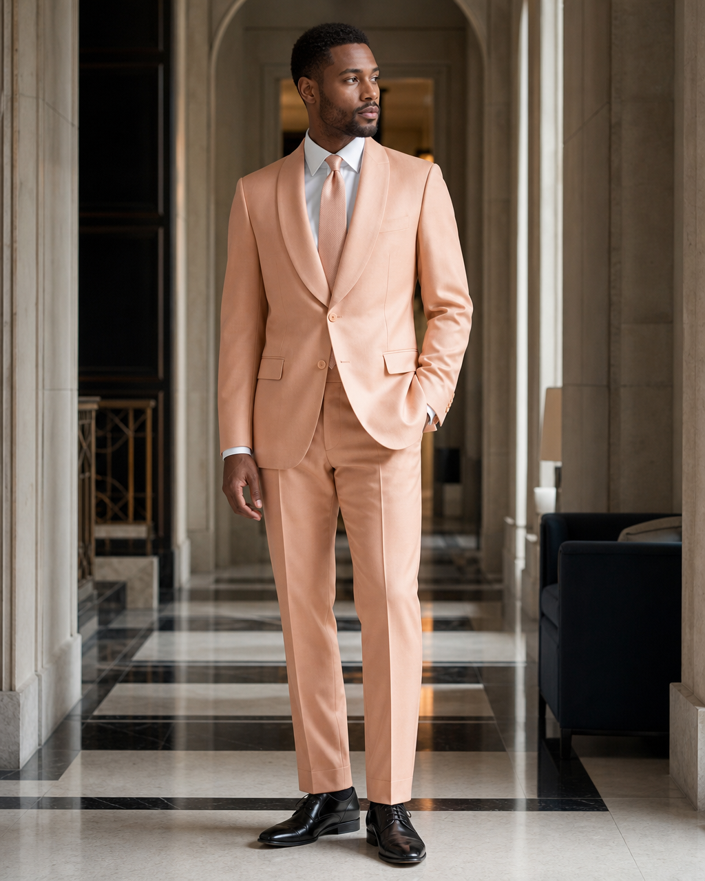 Peach Silk Blend Shawl Lapel Suit - Custom Made to Measure side back view