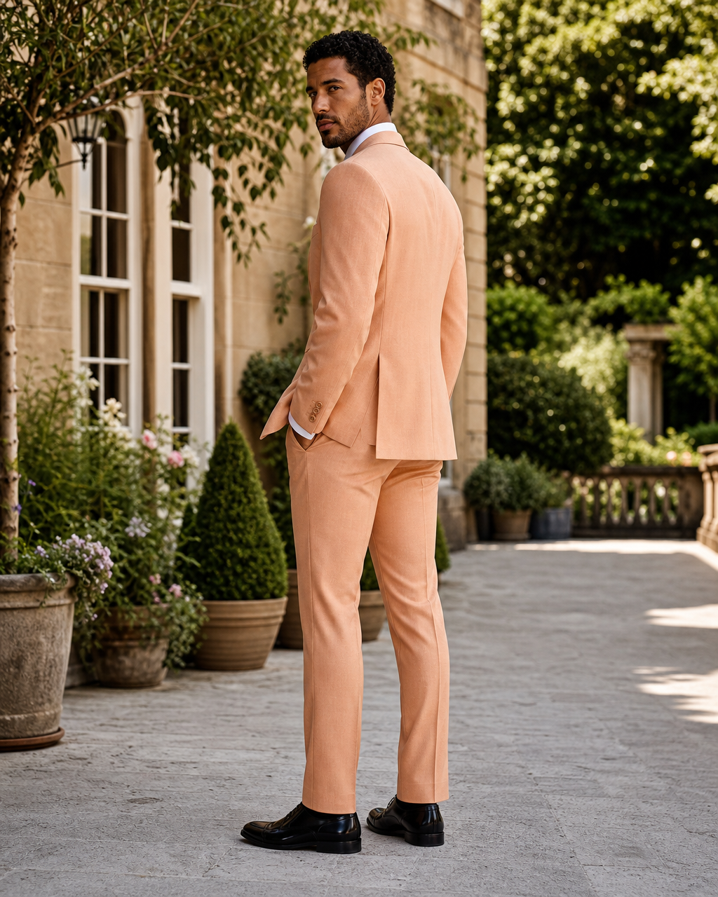 Peach Wool Outdoor Wedding Suit — Custom Made to Measure side back view