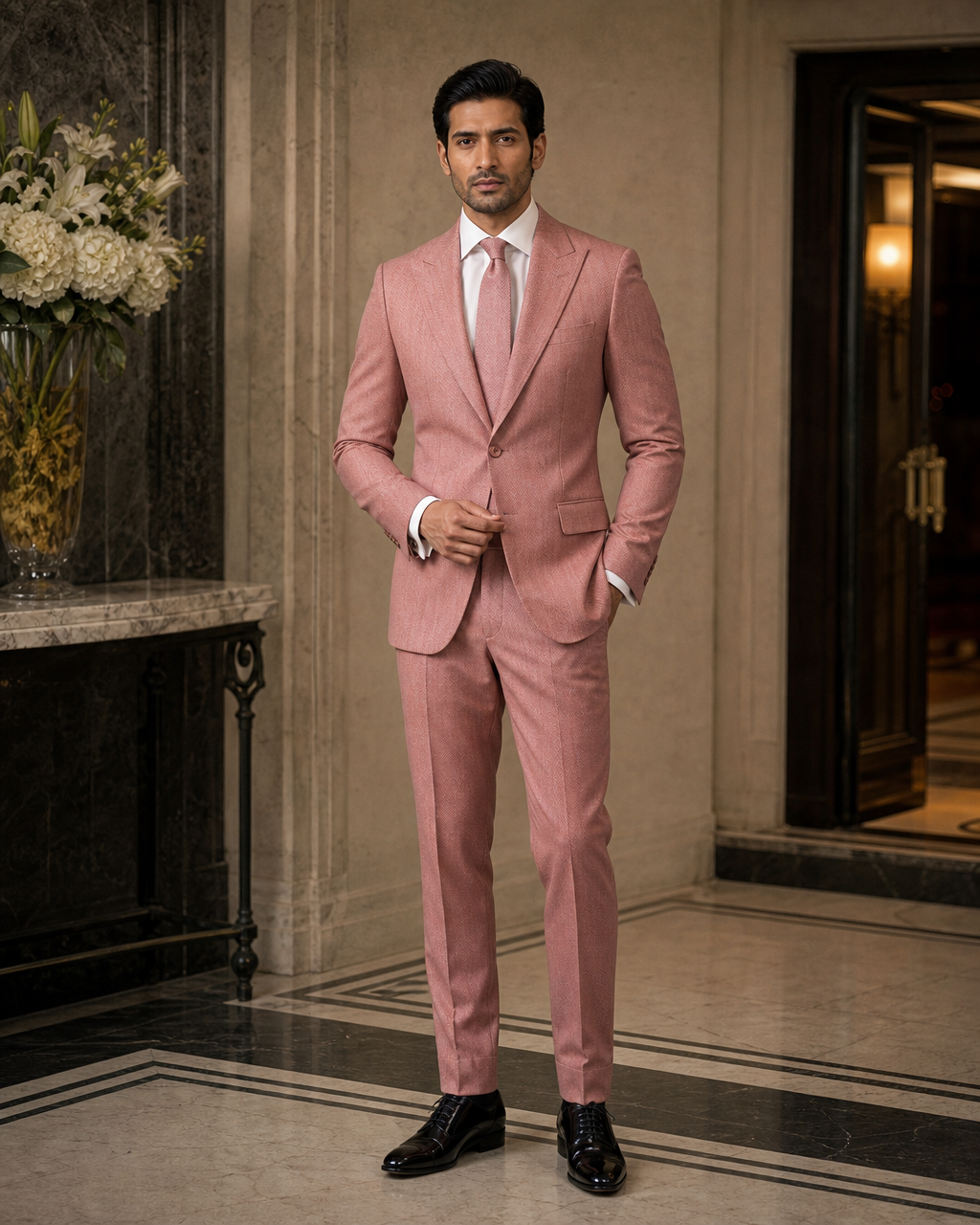 Pink Herringbone Winter Suit - Custom Made to Measure front view