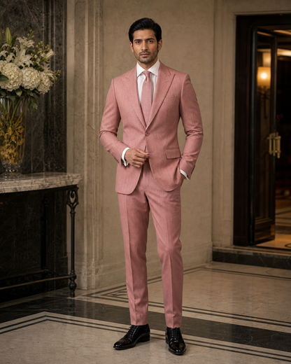 Pink Herringbone Winter Suit - Custom Made to Measure front view