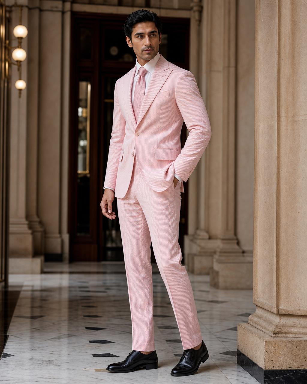 Pink Seersucker Beach Wedding Suit - Custom Made to Measure side back view