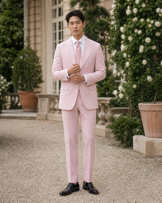 Pink Seersucker Outdoor Wedding Suit — Custom Made to Measure front view