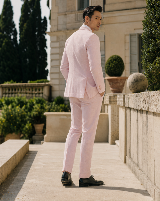 Pink Seersucker Outdoor Wedding Suit — Custom Made to Measure side back view