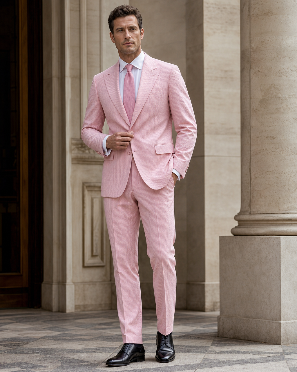 Pink Seersucker Summer Suit - Custom Made to Measure front view
