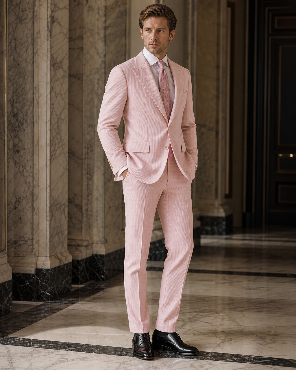 Pink Seersucker Summer Suit - Custom Made to Measure side back view
