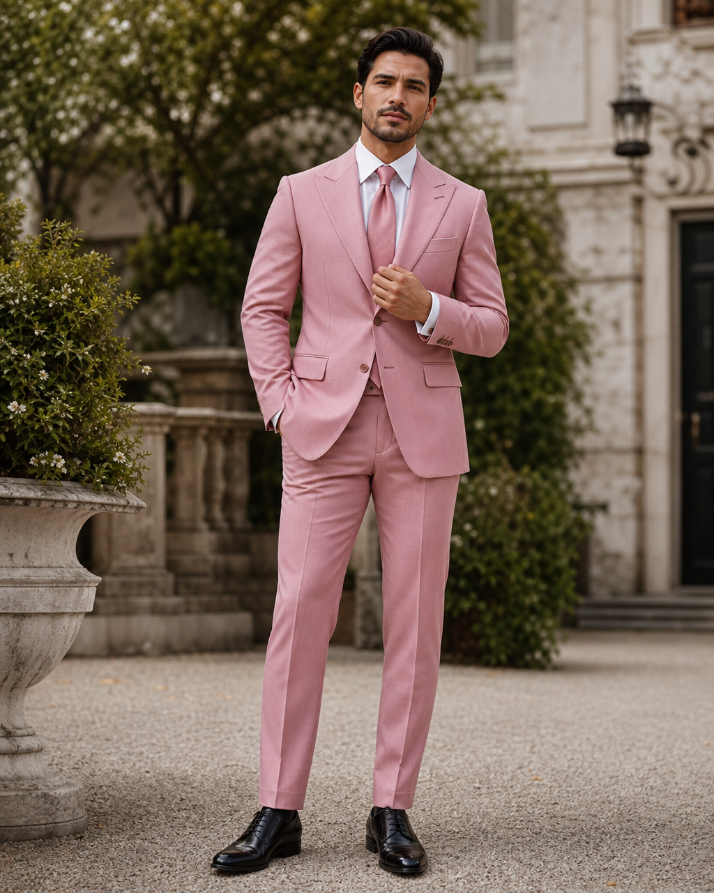 Pink Wool Outdoor Wedding Suit — Custom Made to Measure front view