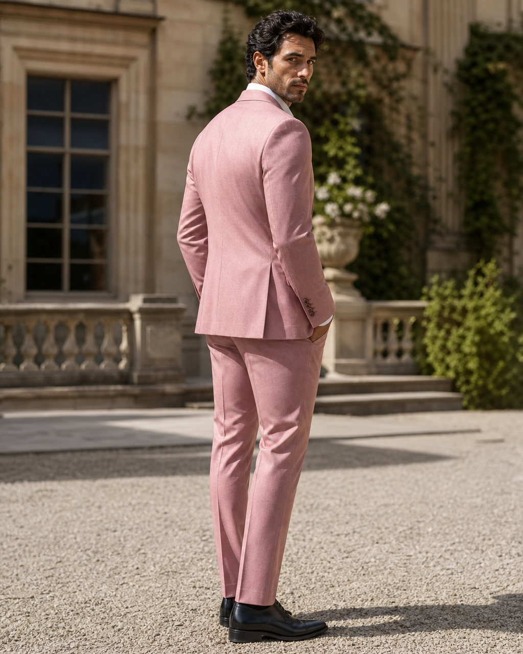 Pink Wool Outdoor Wedding Suit — Custom Made to Measure side back view