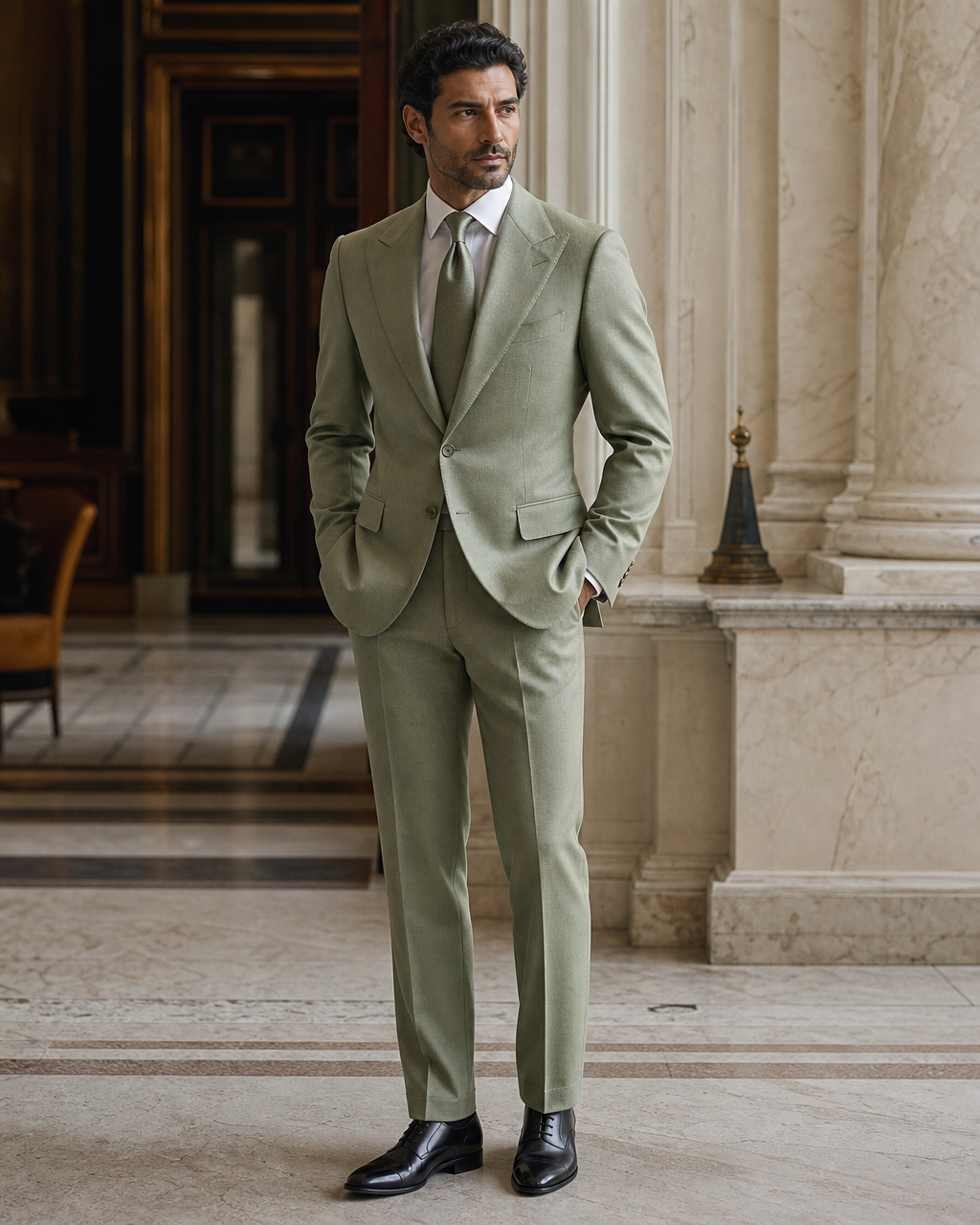 Pistachio Cashmere Blend Winter Suit - Custom Made to Measure side back view