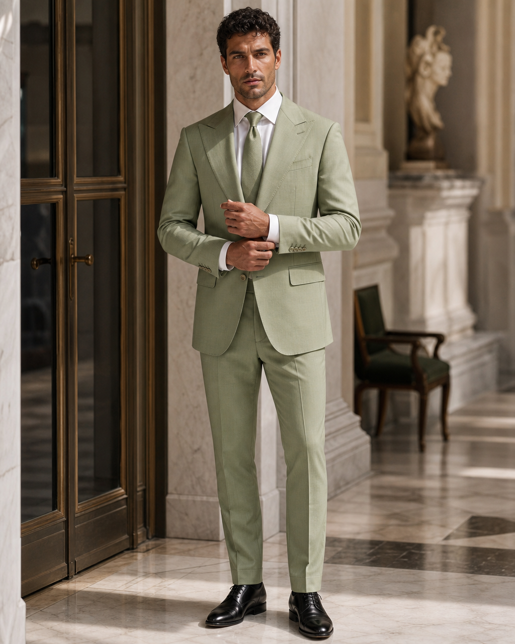 Pistachio Cotton Outdoor Wedding Suit - Custom Made to Measure front view