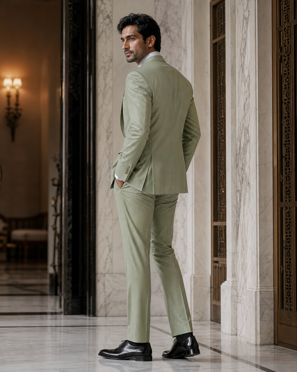 Pistachio Cotton Summer Suit - Custom Made to Measure side back view