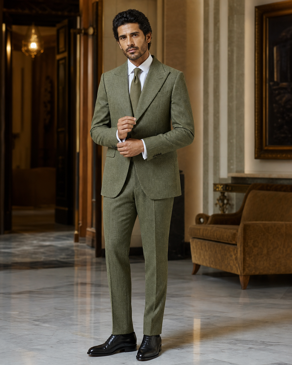 Pistachio Herringbone Winter Suit - Custom Made to Measure front view