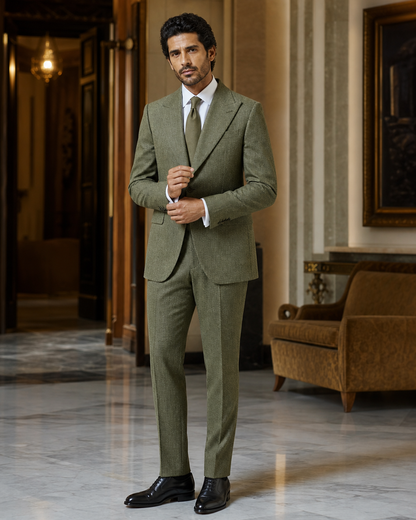 Pistachio Herringbone Winter Suit - Custom Made to Measure front view