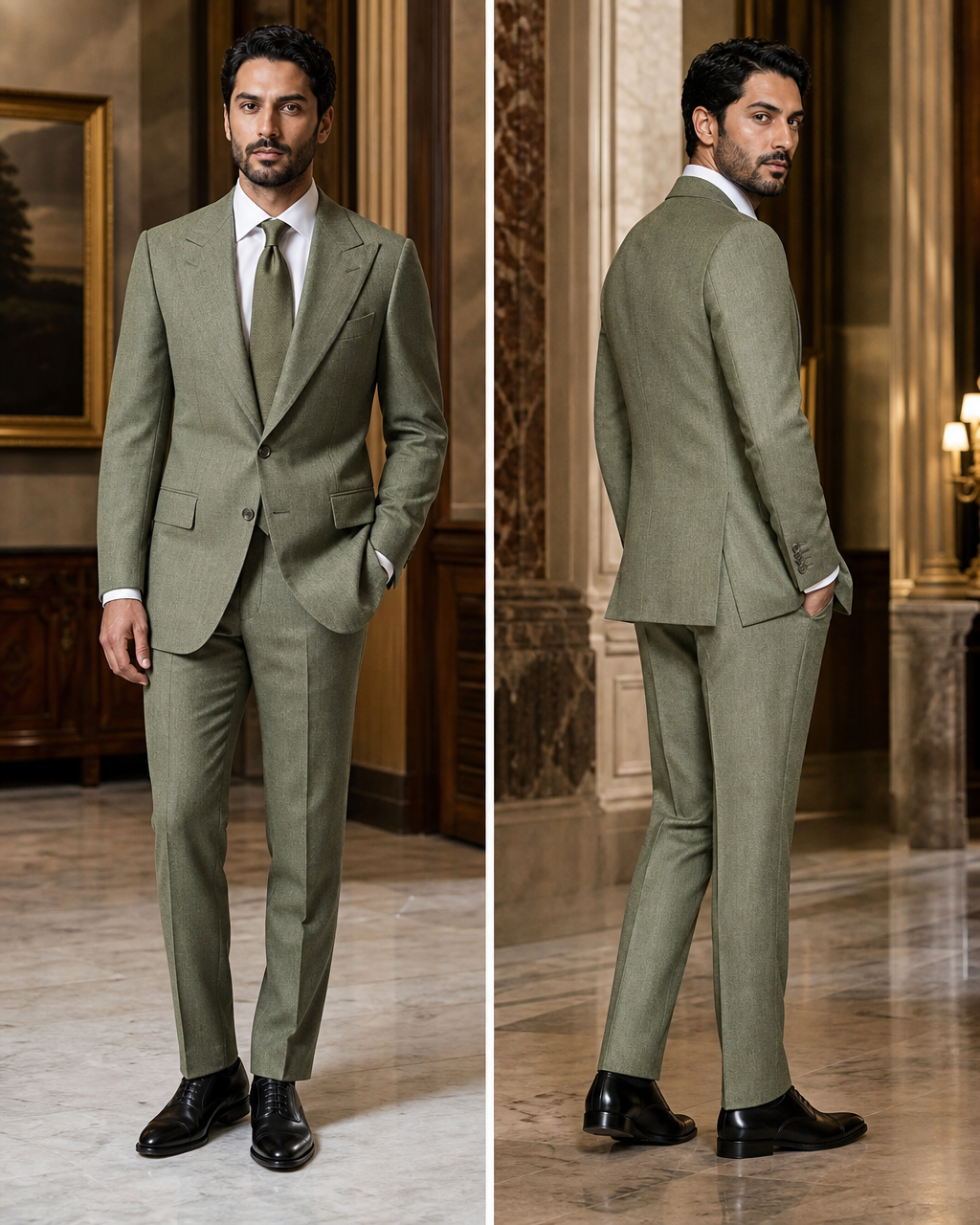 Pistachio Herringbone Winter Suit - Custom Made to Measure side back view