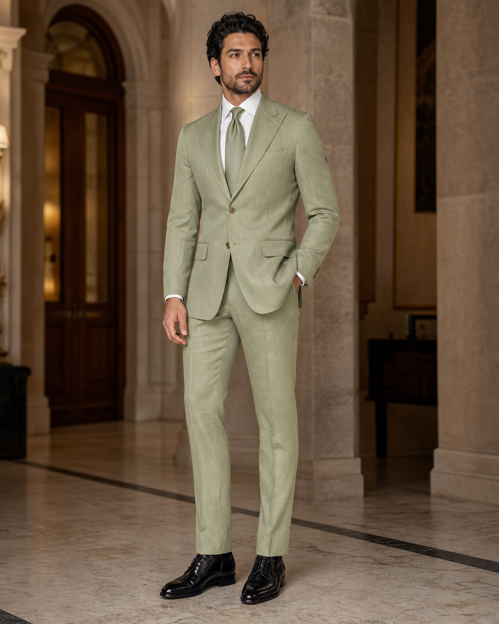Pistachio Linen Beach Wedding Suit - Custom Made to Measure side back view