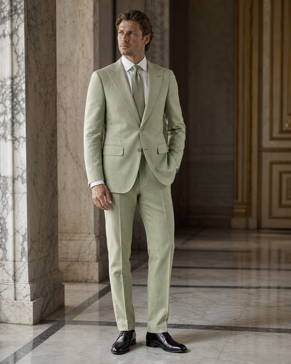 Pistachio Linen Outdoor Wedding Suit - Custom Made to Measure side back view