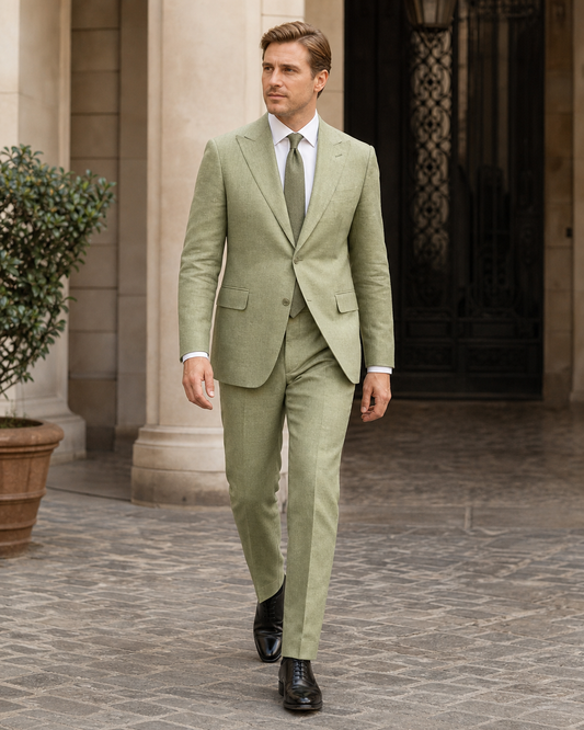 Pistachio Linen Peak Lapel Suit - Custom Made to Measure front view