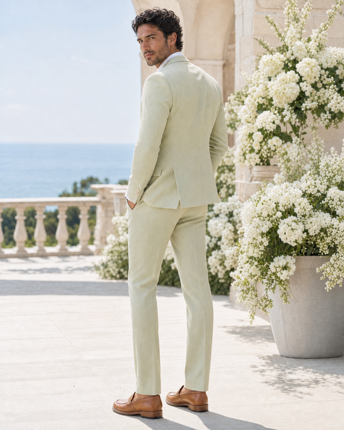 Pistachio Seersucker Beach Wedding Suit - Custom Made to Measure - Side Back View