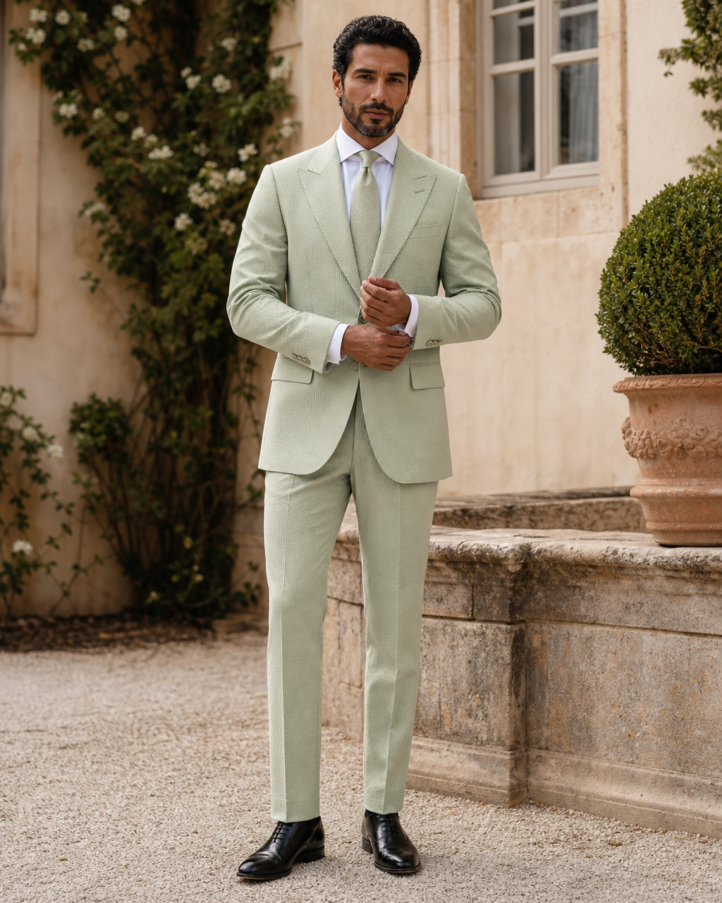Pistachio Seersucker Outdoor Wedding Suit — Custom Made to Measure front view