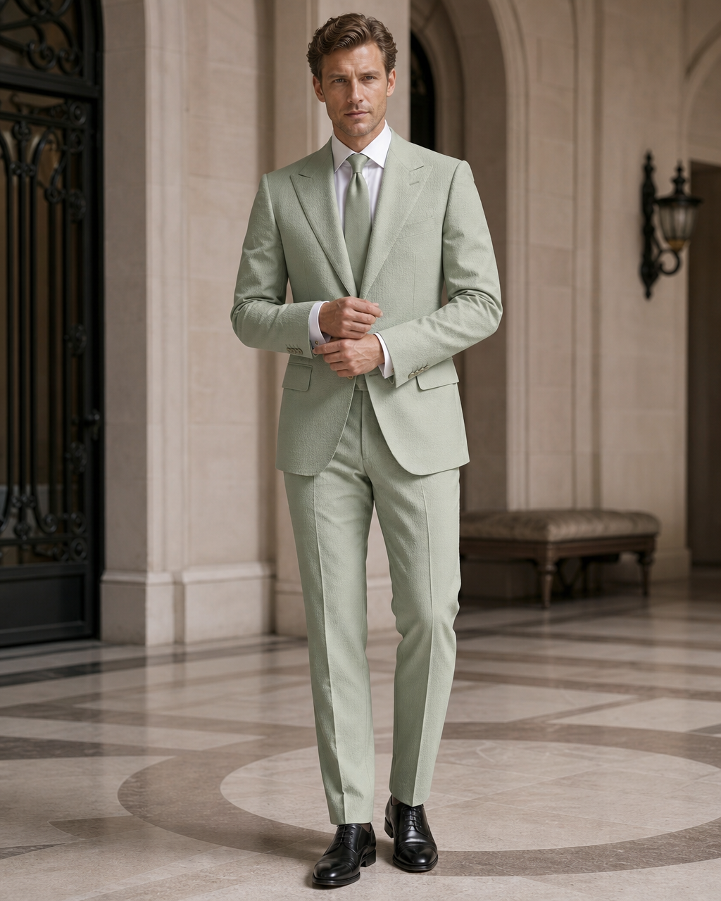 Pistachio Seersucker Summer Suit - Custom Made to Measure front view