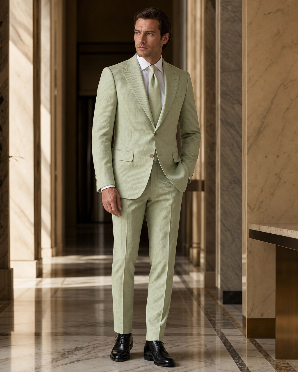 Pistachio Seersucker Summer Suit - Custom Made to Measure side back view