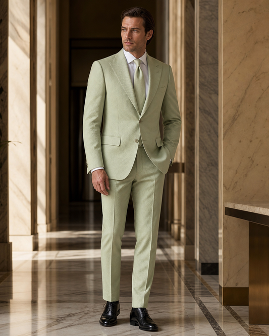Pistachio Seersucker Summer Suit - Custom Made to Measure side back view