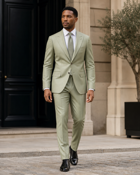 Pistachio Silk Blend Peak Lapel Suit - Custom Made to Measure front view